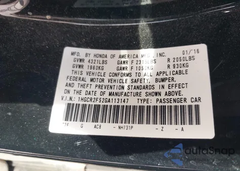 2016 Honda Accord Sport z USA, uszkodzony, nr VIN 1HGCR2F52GA113147